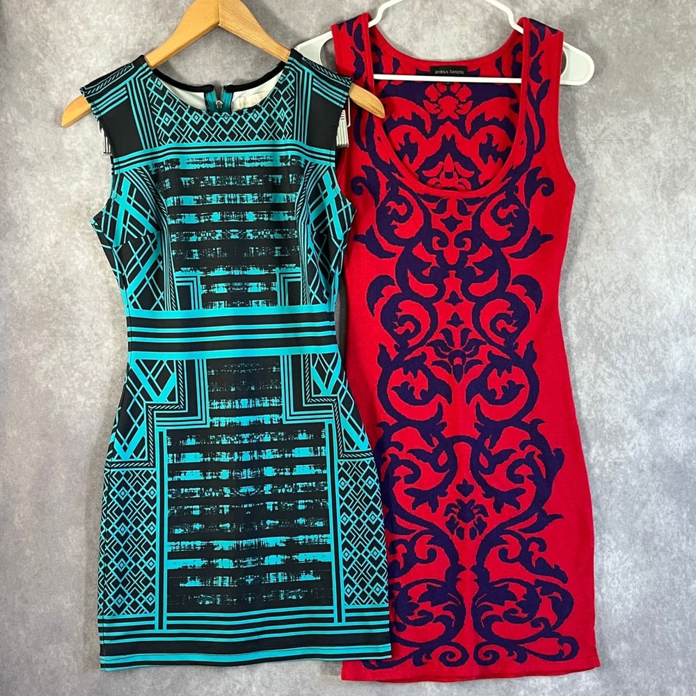 Jealous Tomato Dress Bundle Womens S M Teal Red Geometric Damask Bodycon Mini